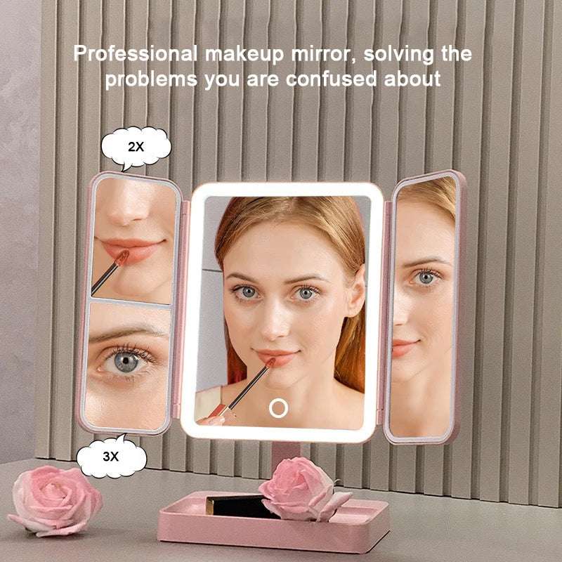 90°–180° Rotatable Tri-Fold LED Makeup Mirror