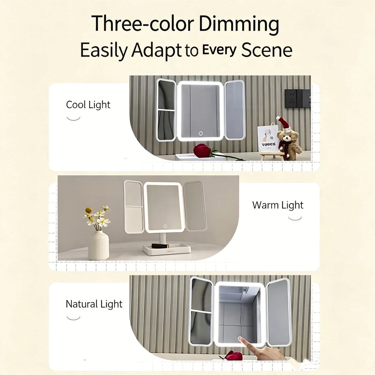90°–180° Rotatable Tri-Fold LED Makeup Mirror